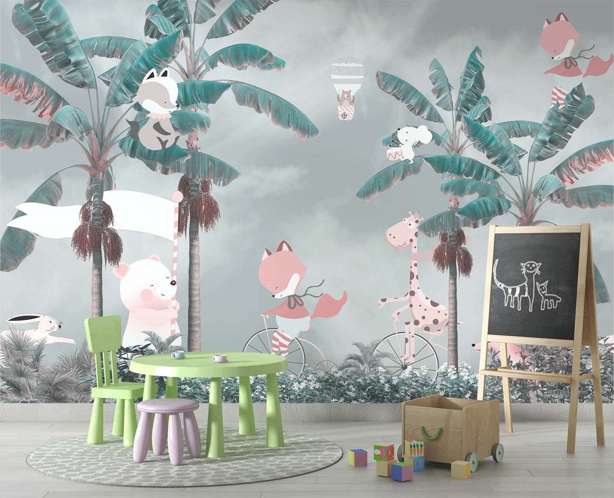 Tapet Personalizat Jungla Amazoniana cu animale in palmieri verzi si cer innorat - HAPPY RAINY JUNGLE