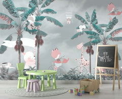 Tapet Personalizat Jungla Amazoniana cu animale in palmieri verzi si cer innorat - HAPPY RAINY JUNGLE