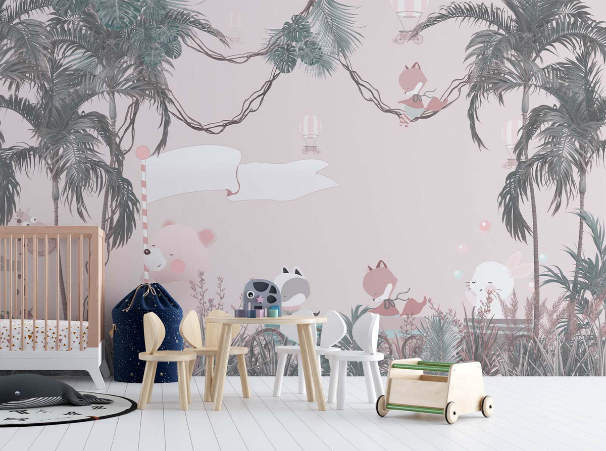 Tapet Personalizat Jungla Amazoniana cu animale calatoare in jungla roz - PINK TRAVELS