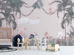 Tapet Personalizat Jungla Amazoniana cu animale calatoare in jungla roz - PINK TRAVELS