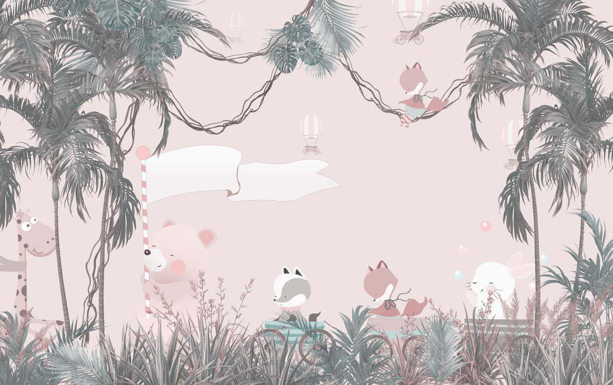Tapet Personalizat Jungla Amazoniana cu animale calatoare in jungla roz - PINK TRAVELS
