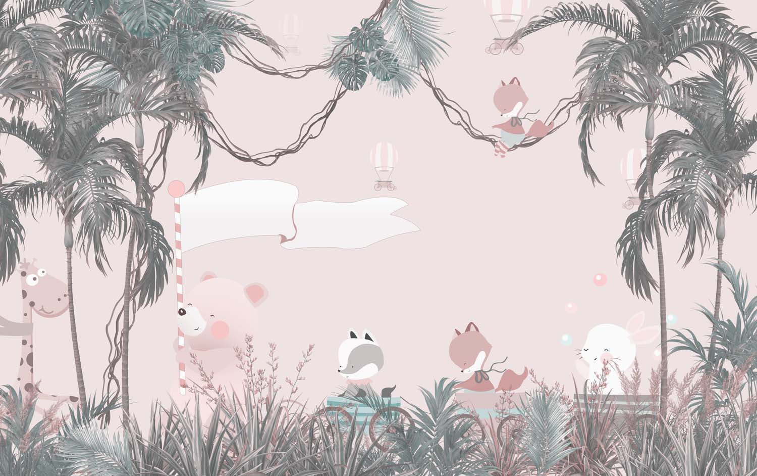 Tapet Personalizat Jungla Amazoniana cu animale calatoare in jungla roz - PINK TRAVELS