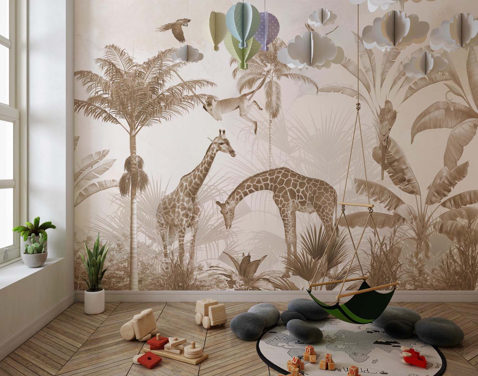 Tapet Personalizat Jungla Amazoniana cu girafe si pasari in jungla sepia - SEPIA REALIST JUNGLE