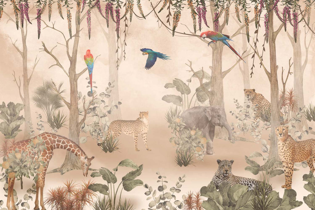 Tapet Personalizat Jungla Amazoniana cu padure amazoniana de leoparzi si papagali colorati  - DUSTY EXOTIC FOREST