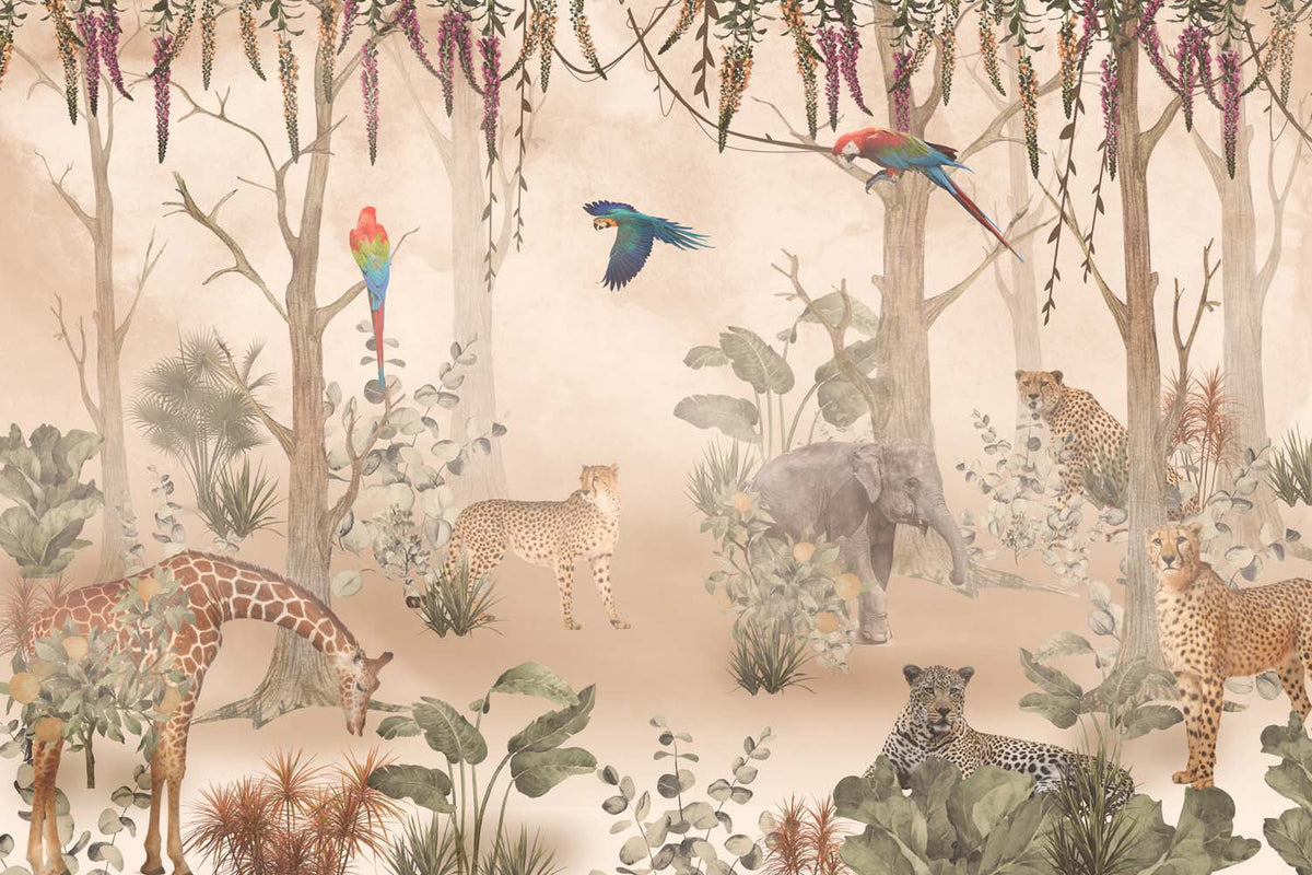 Tapet Personalizat Jungla Amazoniana cu padure amazoniana de leoparzi si papagali colorati  - DUSTY EXOTIC FOREST
