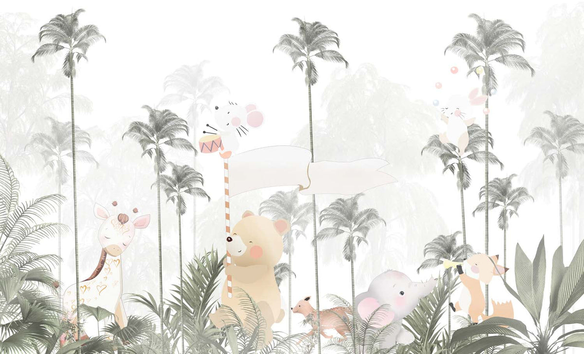 Tapet Personalizat Jungla Amazoniana cu padure de palmieri inalti si animale care canta la instrumente - SAGE MUSICAL MARCH