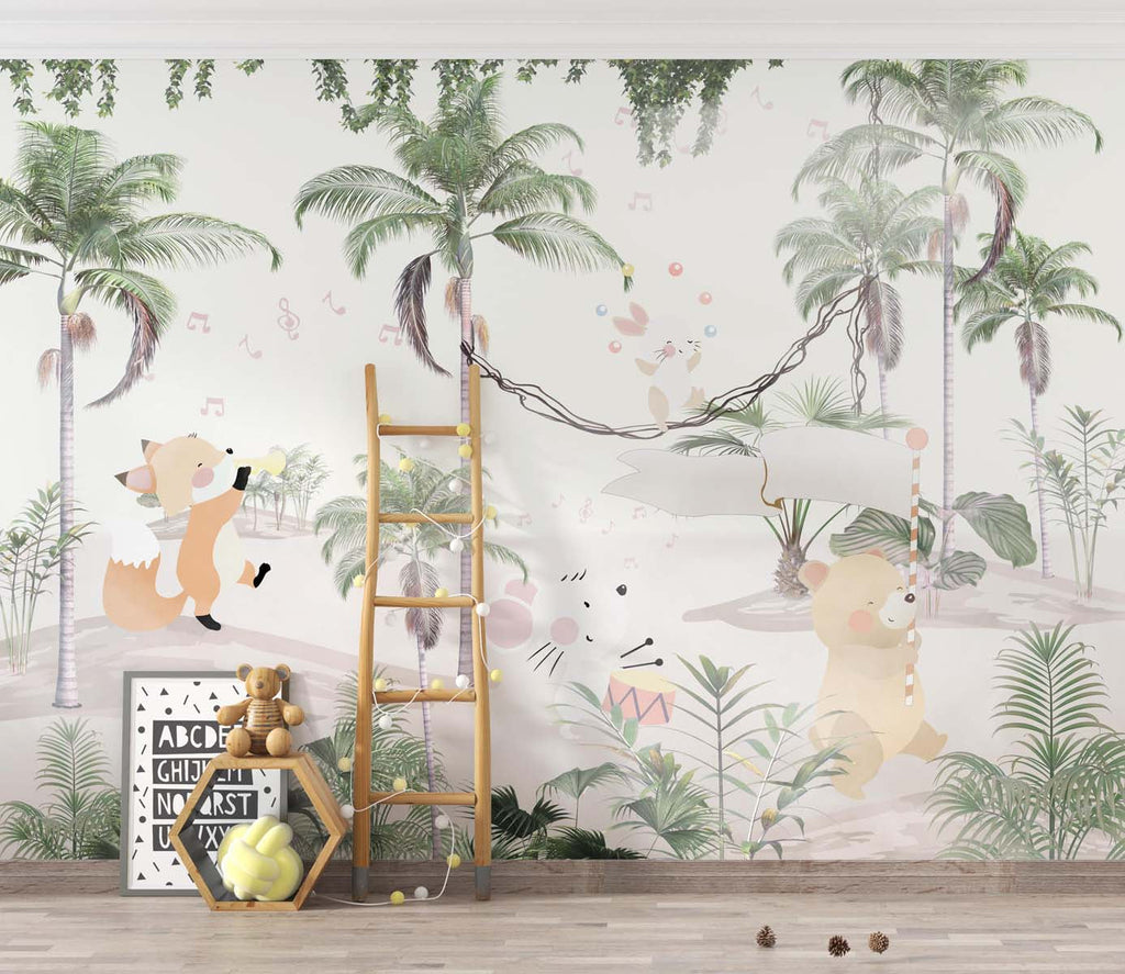 Tapet Personalizat Jungla Amazoniana cu animale care canta si jongleaza printre palmieri - MUSICAL PALMS