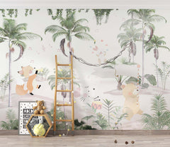 Tapet Personalizat Jungla Amazoniana cu animale care canta si jongleaza printre palmieri - MUSICAL PALMS