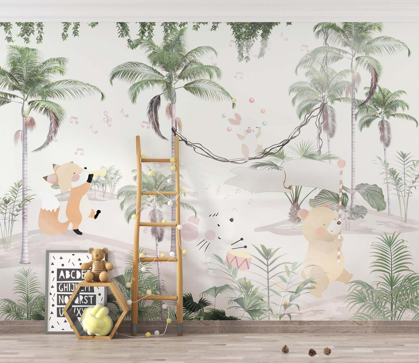 Tapet Personalizat Jungla Amazoniana cu animale care canta si jongleaza printre palmieri - MUSICAL PALMS