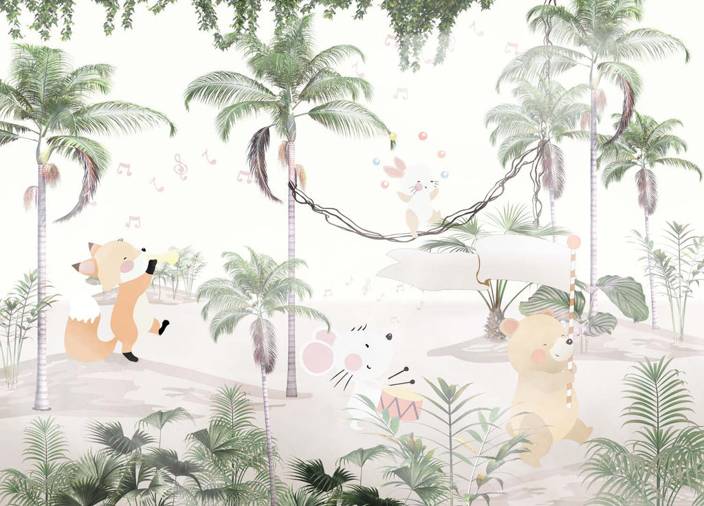 Tapet Personalizat Jungla Amazoniana cu animale care canta si jongleaza printre palmieri - MUSICAL PALMS