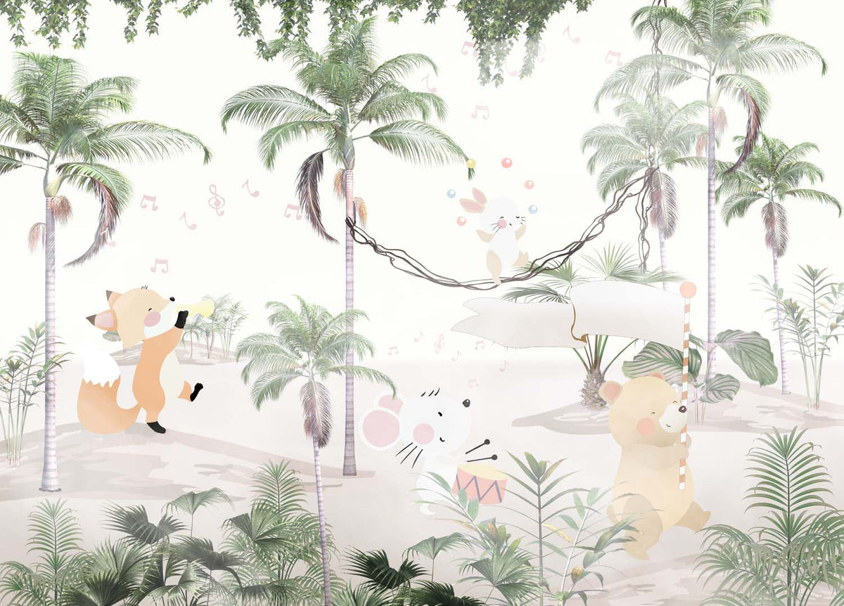 Tapet Personalizat Jungla Amazoniana cu animale care canta si jongleaza printre palmieri - MUSICAL PALMS