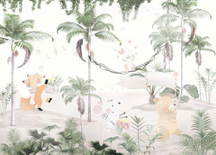 Tapet Personalizat Jungla Amazoniana cu animale care canta si jongleaza printre palmieri - MUSICAL PALMS