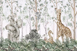 Tapet Personalizat Jungla Amazoniana cu elefanti, zebre, koala si girafe imbratisate - HUGGING ANIMALS