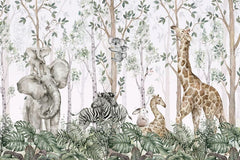 Tapet Personalizat Jungla Amazoniana cu elefanti, zebre, koala si girafe imbratisate - HUGGING ANIMALS