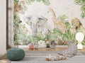 Tapet Personalizat Jungla Amazoniana cu ilustratie tropicala cu lei, leoparzi, elefanti si girafe in vegetatie densa - WATERCOLOR SAFARI ANIMALS
