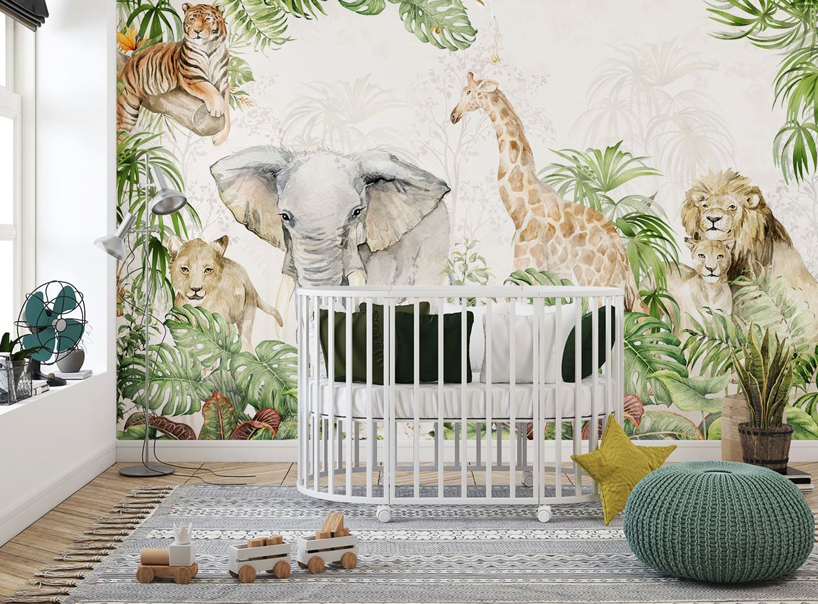 Tapet Personalizat Jungla Amazoniana cu ilustratie tropicala cu lei, leoparzi, elefanti si girafe in vegetatie densa - WATERCOLOR SAFARI ANIMALS