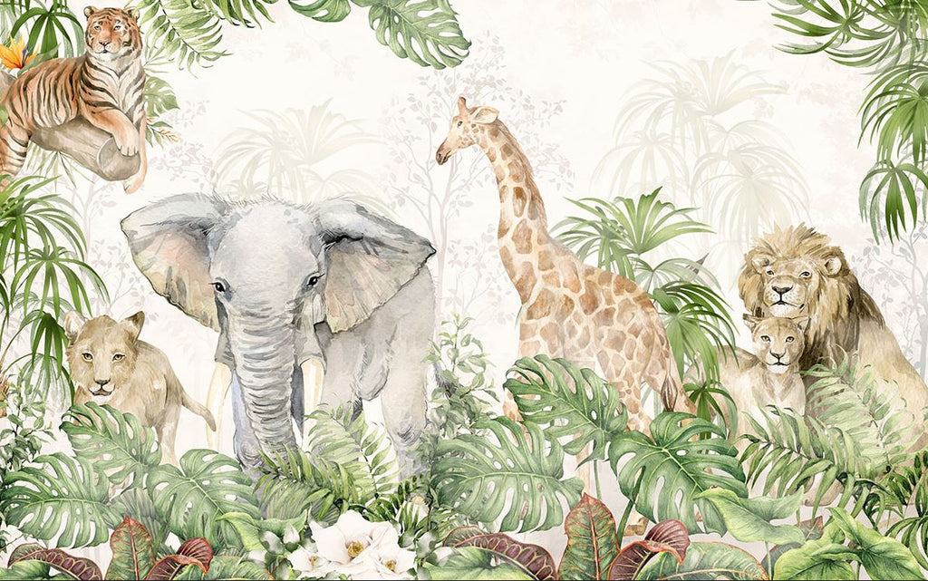 Tapet Personalizat Jungla Amazoniana cu ilustratie tropicala cu lei, leoparzi, elefanti si girafe in vegetatie densa - WATERCOLOR SAFARI ANIMALS