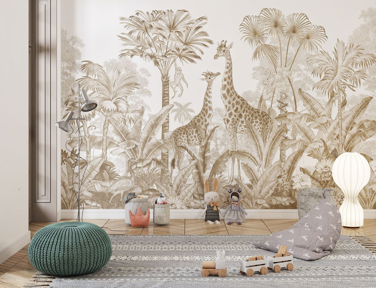 Tapet Personalizat Jungla Amazoniana cu girafe si vegetatie tropicala in nuante sepia - SEPIA GIRAFFE