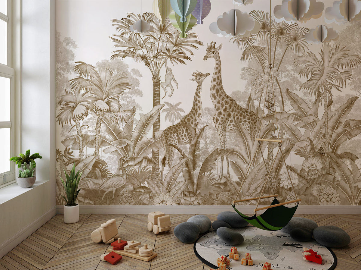 Tapet Personalizat Jungla Amazoniana cu girafe si vegetatie tropicala in nuante sepia - SEPIA GIRAFFE