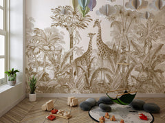 Tapet Personalizat Jungla Amazoniana cu girafe si vegetatie tropicala in nuante sepia - SEPIA GIRAFFE