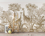 Tapet Personalizat Jungla Amazoniana cu girafe si vegetatie tropicala in nuante sepia - SEPIA GIRAFFE