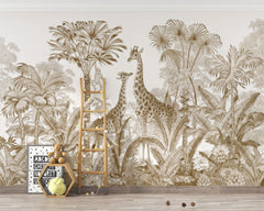 Tapet Personalizat Jungla Amazoniana cu girafe si vegetatie tropicala in nuante sepia - SEPIA GIRAFFE