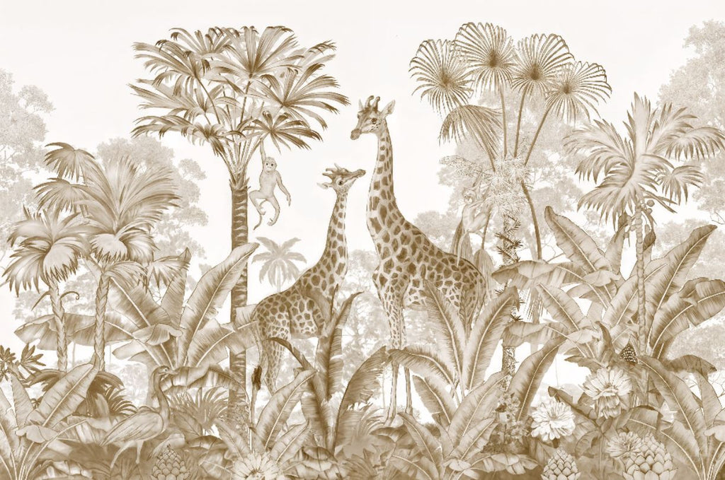 Tapet Personalizat Jungla Amazoniana cu girafe si vegetatie tropicala in nuante sepia - SEPIA GIRAFFE