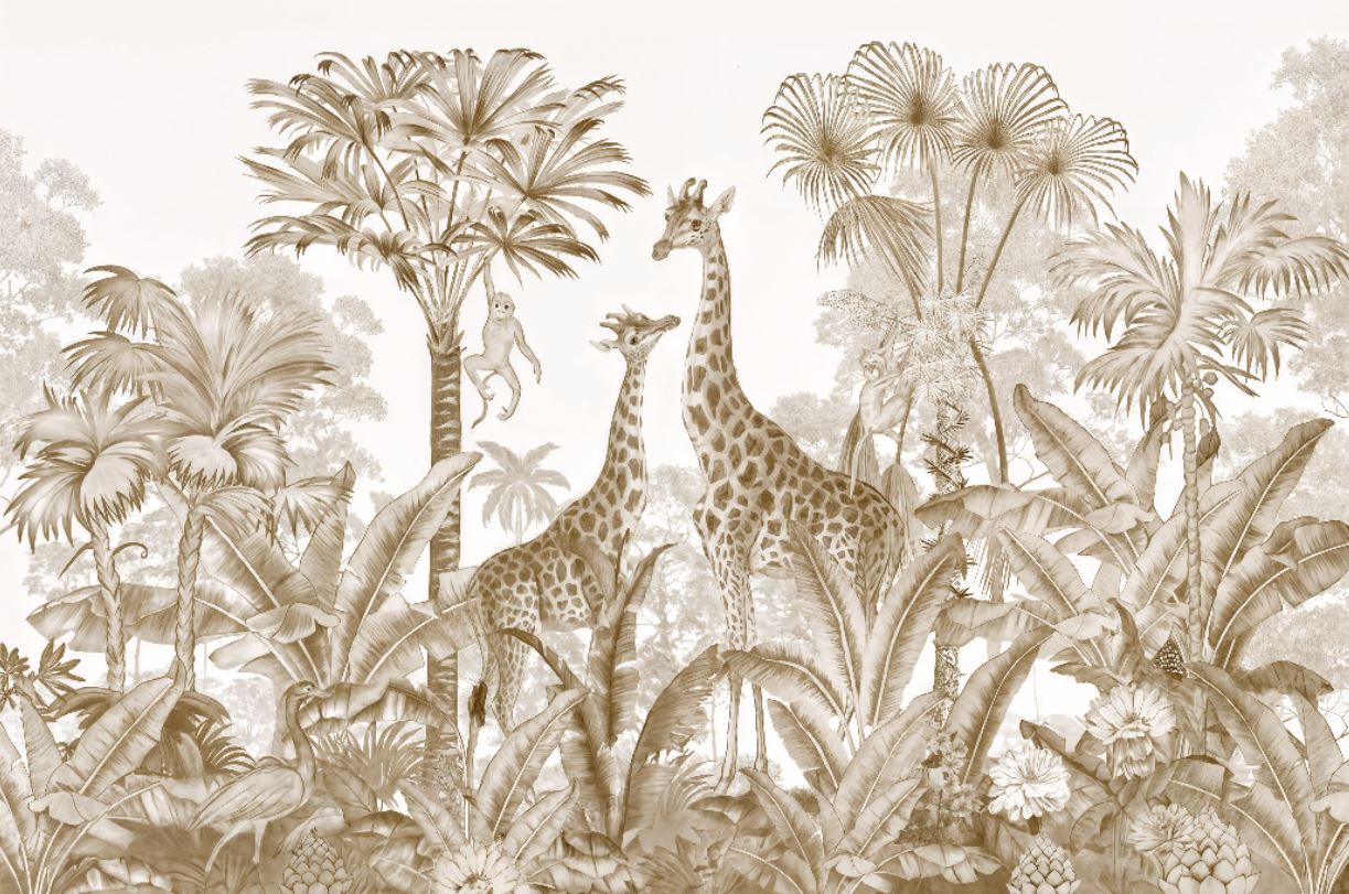 Tapet Personalizat Jungla Amazoniana cu girafe si vegetatie tropicala in nuante sepia - SEPIA GIRAFFE