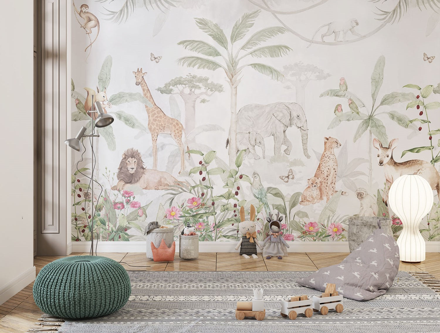 Tapet Personalizat Jungla Amazoniana cu padure tropicala inflorita si animale salbatice - WATERCOLOR EXOTIC ANIMALS