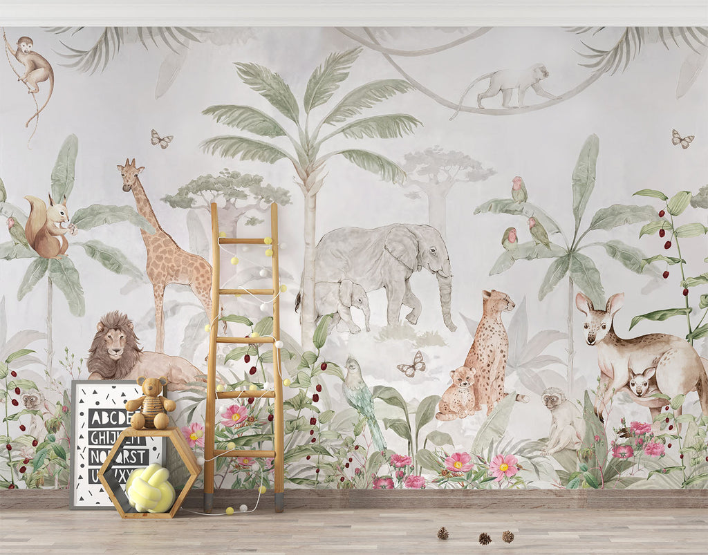Tapet Personalizat Jungla Amazoniana cu padure tropicala inflorita si animale salbatice - WATERCOLOR EXOTIC ANIMALS