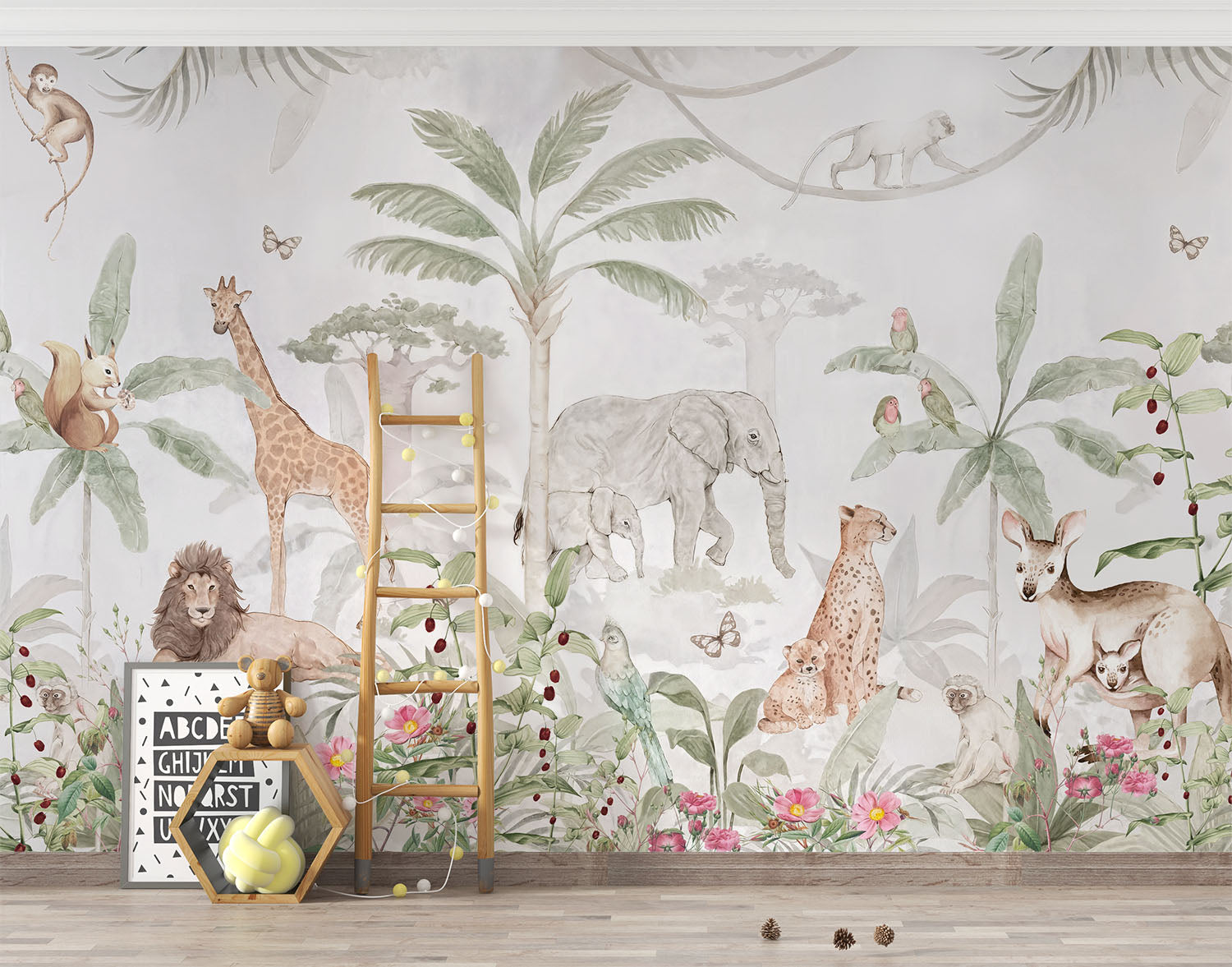 Tapet Personalizat Jungla Amazoniana cu padure tropicala inflorita si animale salbatice - WATERCOLOR EXOTIC ANIMALS
