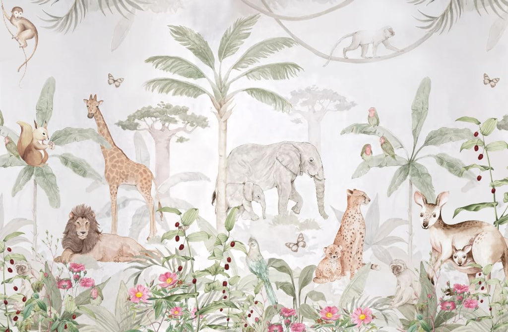 Tapet Personalizat Jungla Amazoniana cu padure tropicala inflorita si animale salbatice - WATERCOLOR EXOTIC ANIMALS