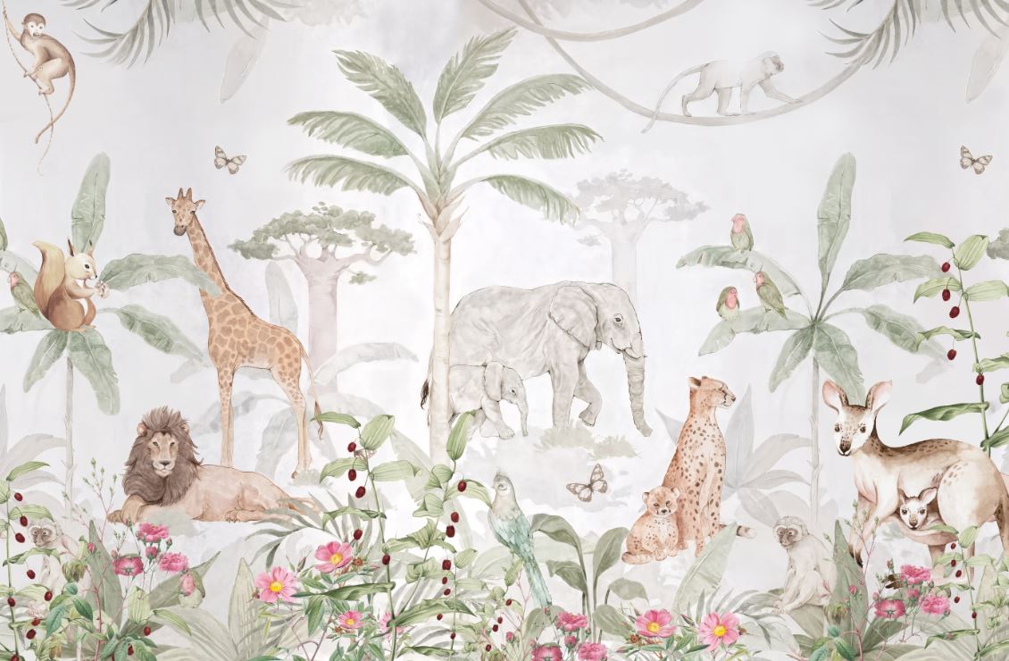 Tapet Personalizat Jungla Amazoniana cu padure tropicala inflorita si animale salbatice - WATERCOLOR EXOTIC ANIMALS