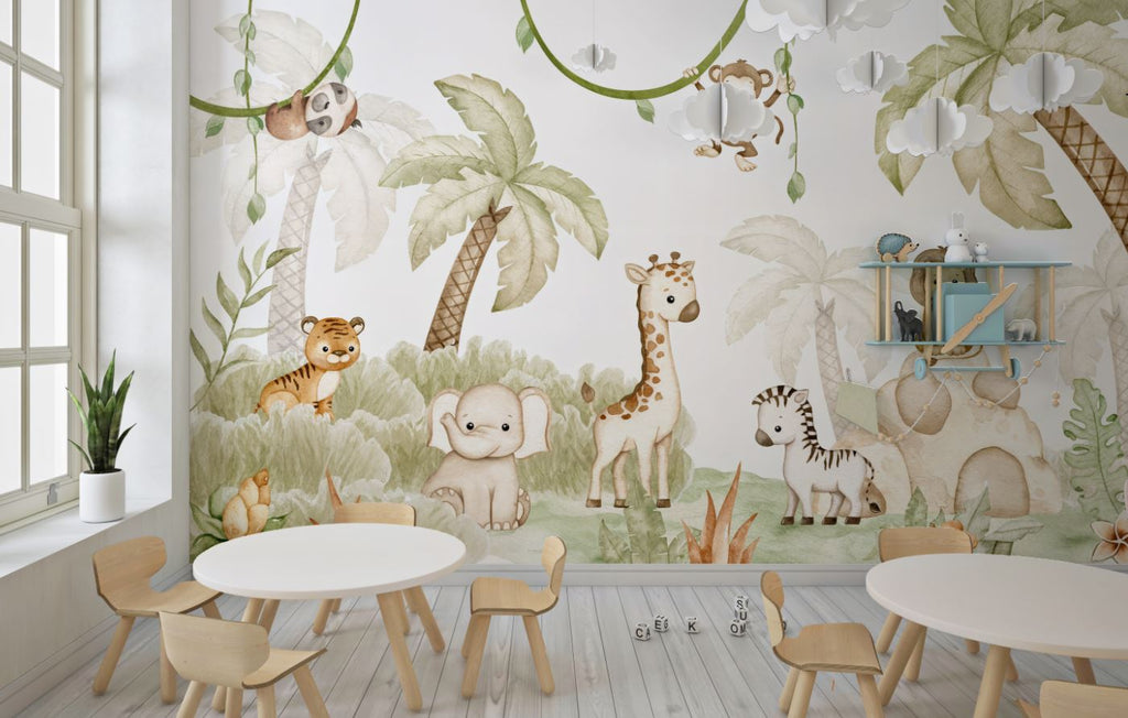 Tapet Personalizat Jungla Amazoniana cu pui de animalute in ilustratie watercolor in nuante calde - WATERCOLOR BABY ANIMALS