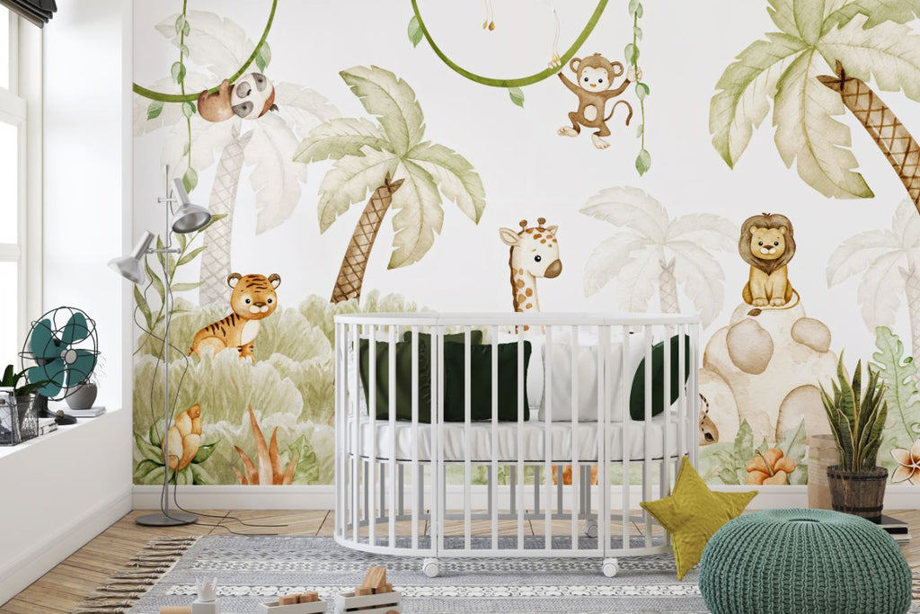 Tapet Personalizat Jungla Amazoniana cu pui de animalute in ilustratie watercolor in nuante calde - WATERCOLOR BABY ANIMALS