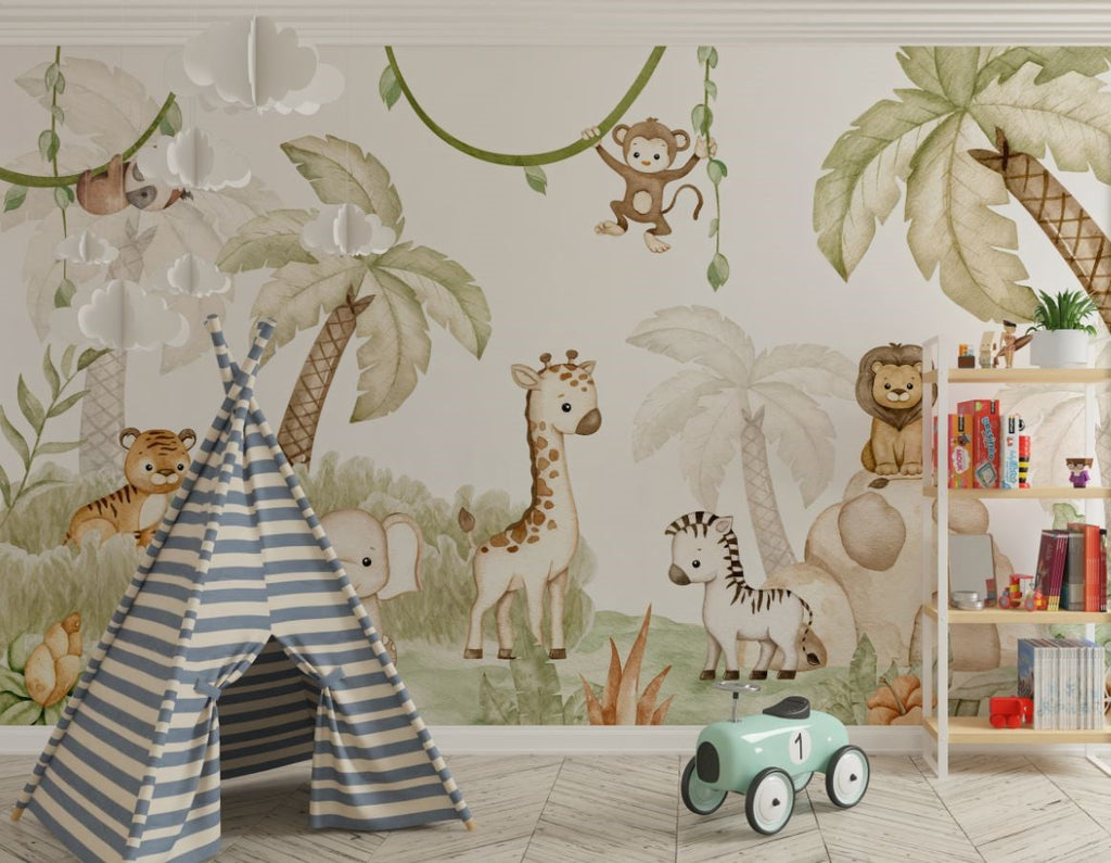 Tapet Personalizat Jungla Amazoniana cu pui de animalute in ilustratie watercolor in nuante calde - WATERCOLOR BABY ANIMALS