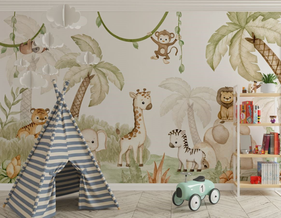 Tapet Personalizat Jungla Amazoniana cu pui de animalute in ilustratie watercolor in nuante calde - WATERCOLOR BABY ANIMALS