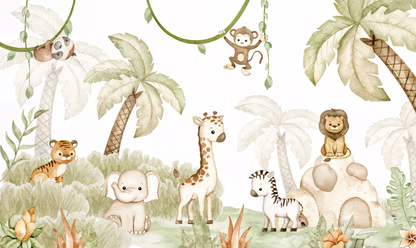 Tapet Personalizat Jungla Amazoniana cu pui de animalute in ilustratie watercolor in nuante calde - WATERCOLOR BABY ANIMALS