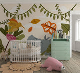 Tapet Personalizat Jungla Amazoniana cu ilustratie in stil boho colorata cu hipopotam si pasarea colibri  - BOHO ANIMALS