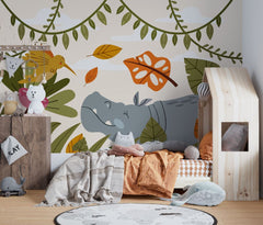 Tapet Personalizat Jungla Amazoniana cu ilustratie in stil boho colorata cu hipopotam si pasarea colibri  - BOHO ANIMALS