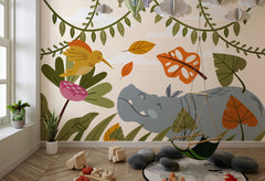 Tapet Personalizat Jungla Amazoniana cu ilustratie in stil boho colorata cu hipopotam si pasarea colibri  - BOHO ANIMALS