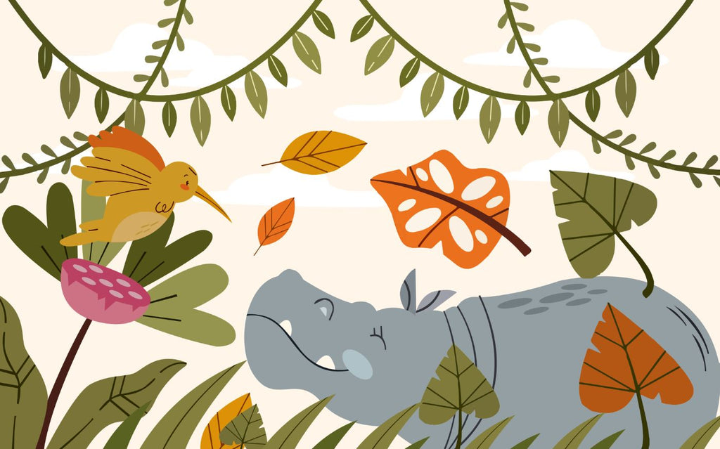 Tapet Personalizat Jungla Amazoniana cu ilustratie in stil boho colorata cu hipopotam si pasarea colibri  - BOHO ANIMALS