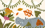 Tapet Personalizat Jungla Amazoniana cu ilustratie in stil boho colorata cu hipopotam si pasarea colibri  - BOHO ANIMALS