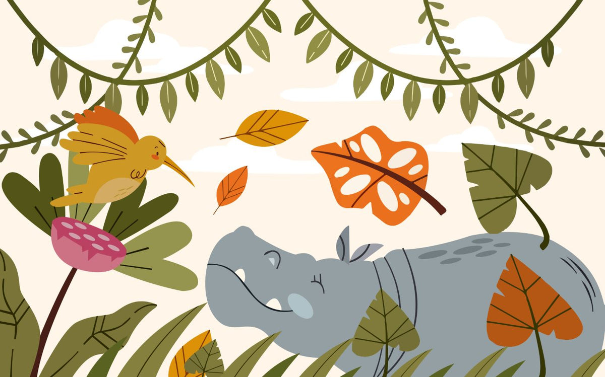 Tapet Personalizat Jungla Amazoniana cu ilustratie in stil boho colorata cu hipopotam si pasarea colibri  - BOHO ANIMALS