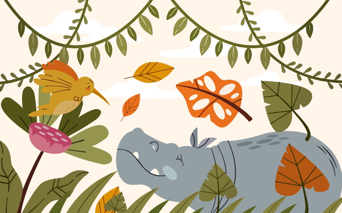 Tapet Personalizat Jungla Amazoniana cu ilustratie in stil boho colorata cu hipopotam si pasarea colibri  - BOHO ANIMALS