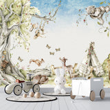 Tapet personalizat lumea animalelor pentru copii watercolor cu iepurasi caprioare fluturi si ursi intr un peisaj natural de poveste bunny tribe