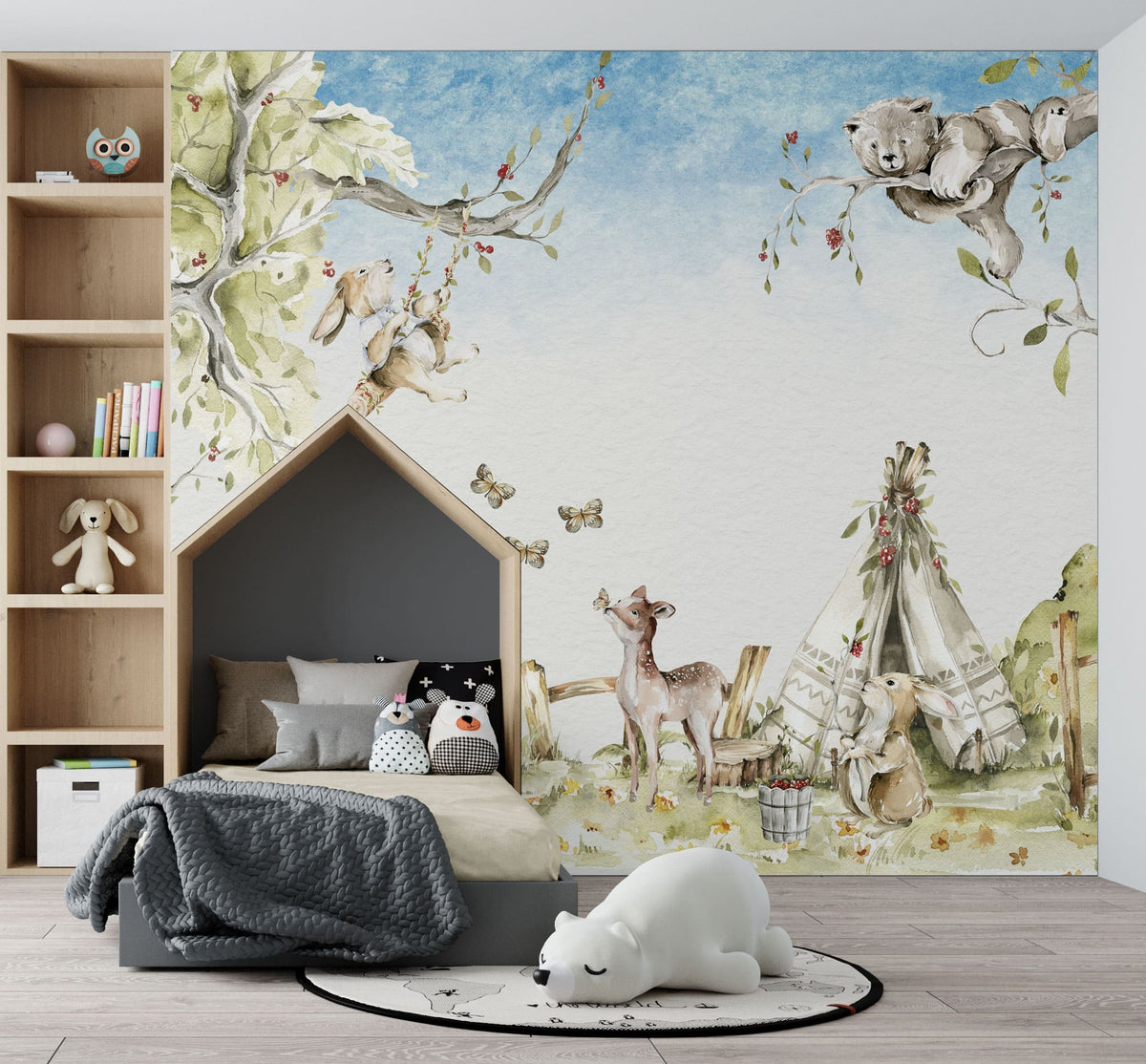 Tapet personalizat lumea animalelor pentru copii watercolor cu iepurasi caprioare fluturi si ursi intr un peisaj natural de poveste bunny tribe