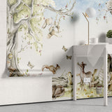 Tapet personalizat lumea animalelor pentru copii watercolor cu iepurasi caprioare fluturi si ursi intr un peisaj natural de poveste bunny tribe