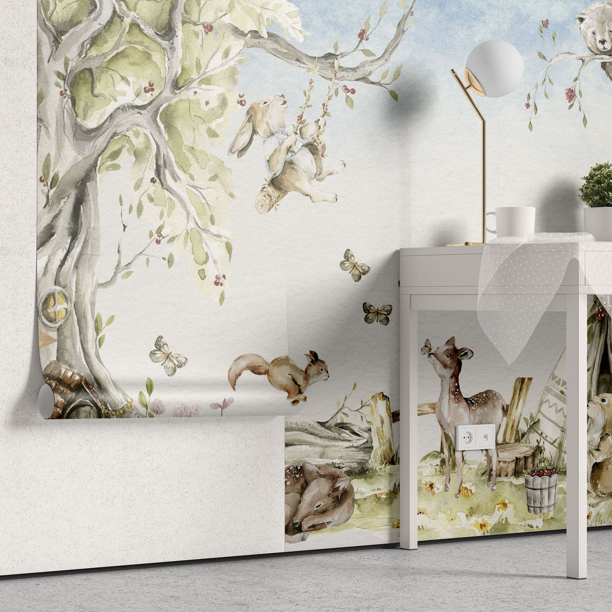 Tapet personalizat lumea animalelor pentru copii watercolor cu iepurasi caprioare fluturi si ursi intr un peisaj natural de poveste bunny tribe