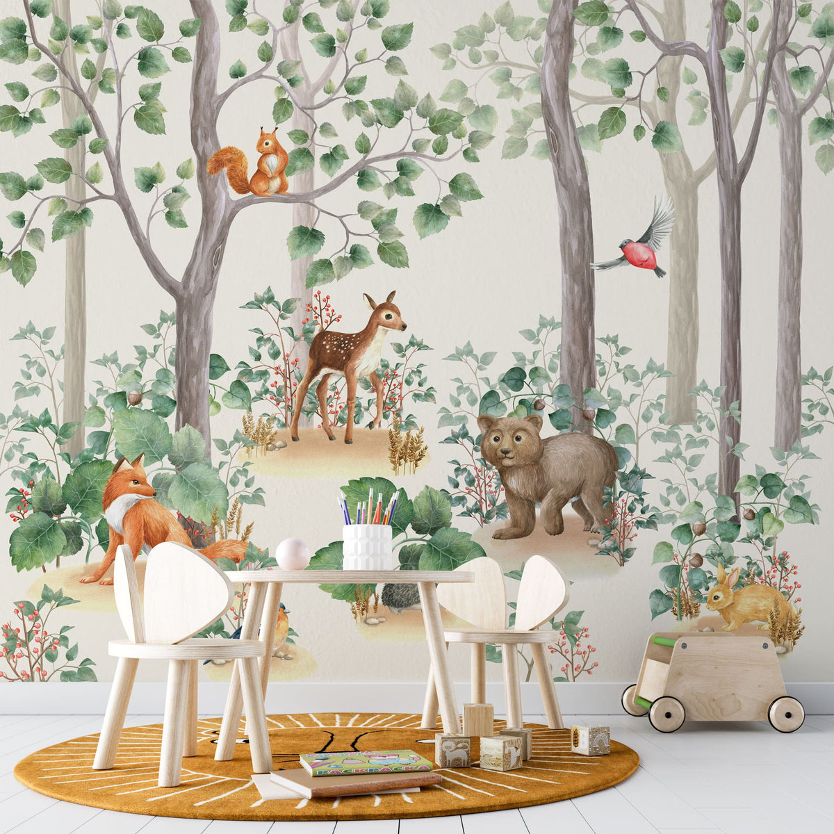 Tapet personalizat lumea animalelor pentru copii cu padure de conifere cu animale printre care vulpi iepurasi veverite ursi si pasari fairytale forest